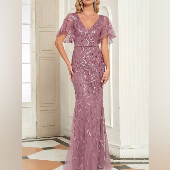 Luxe floral embroidered mesh sequins party formal prom wedding gown dress - Picture 4 of 8